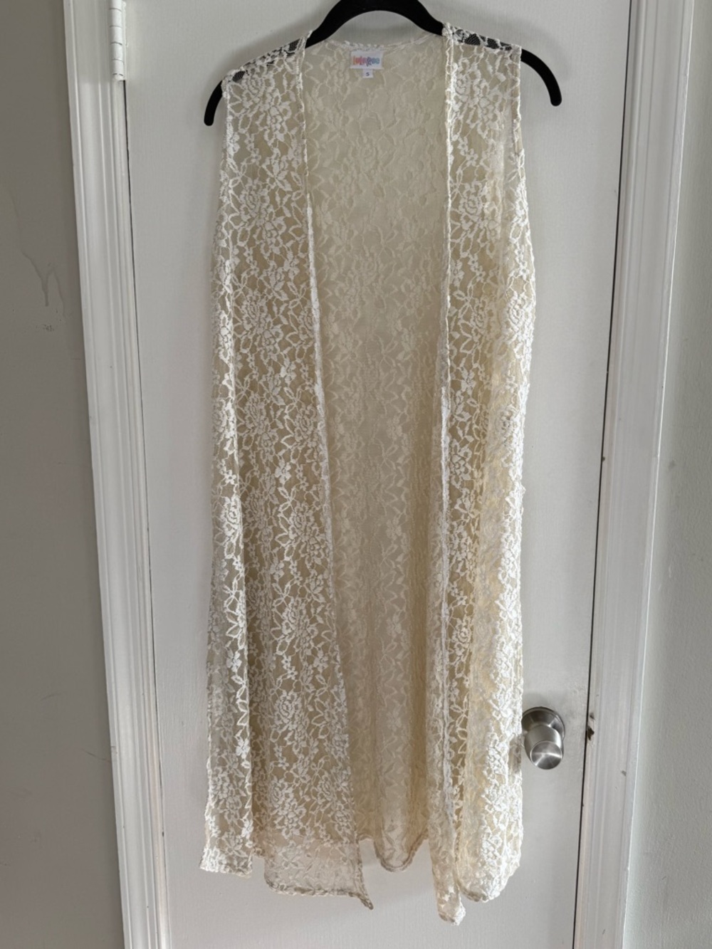 LuLaRoe Cream Lace Open Front Long Vest Size S